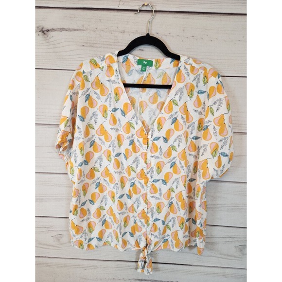 dip Tops - DIP Women's Yellow Pear Blouse Tied Bottom Buttons Tunic Top Size 1X‎